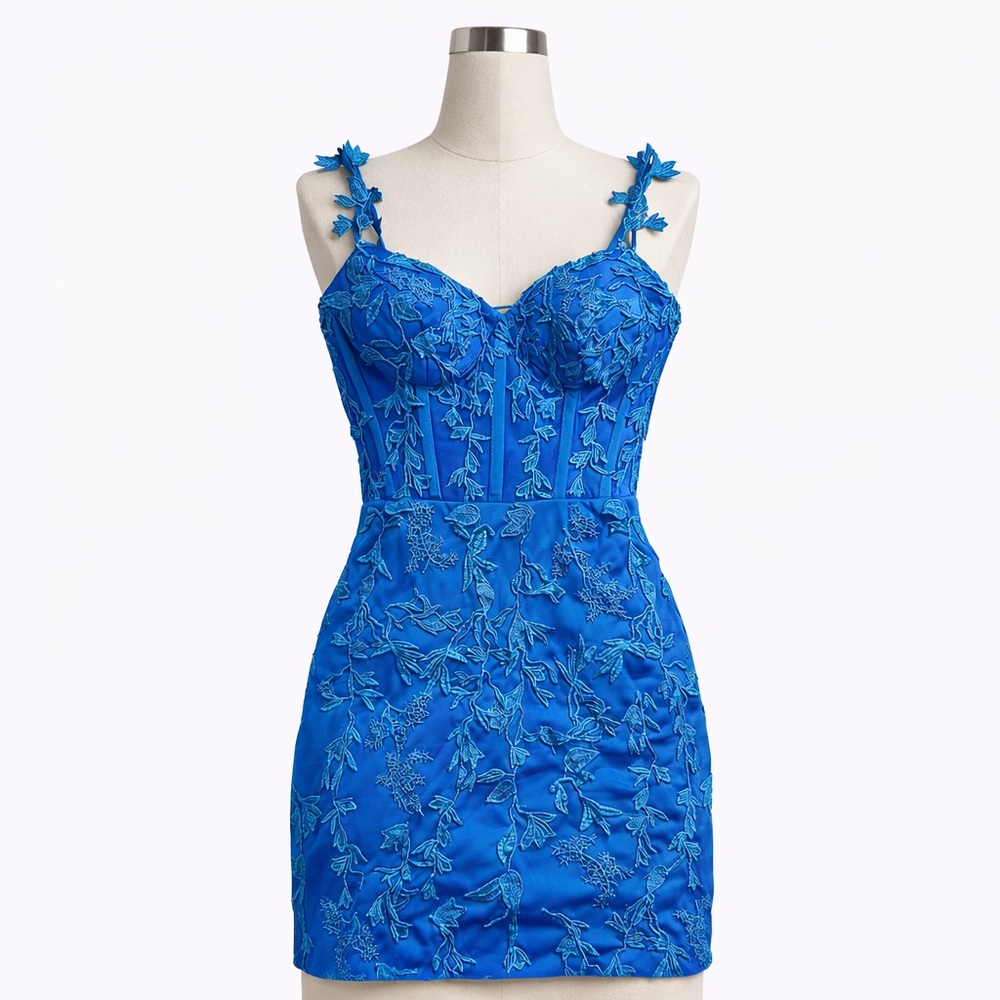Electric Blue Fairy Embroidered Lace Mini Dress